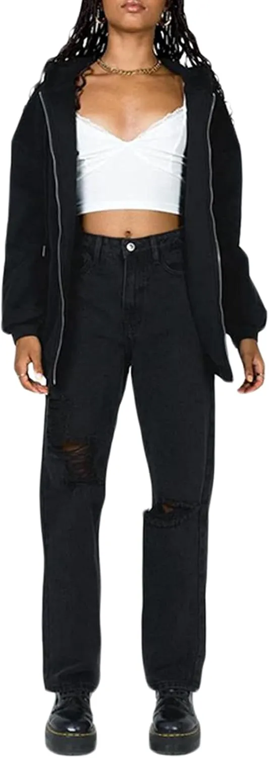 FOMOYUU Womens Oversized Zip Up Hoodie Y2K Jacket Baggy Loose Basic Zipper Hooded Sweatshirt Coat