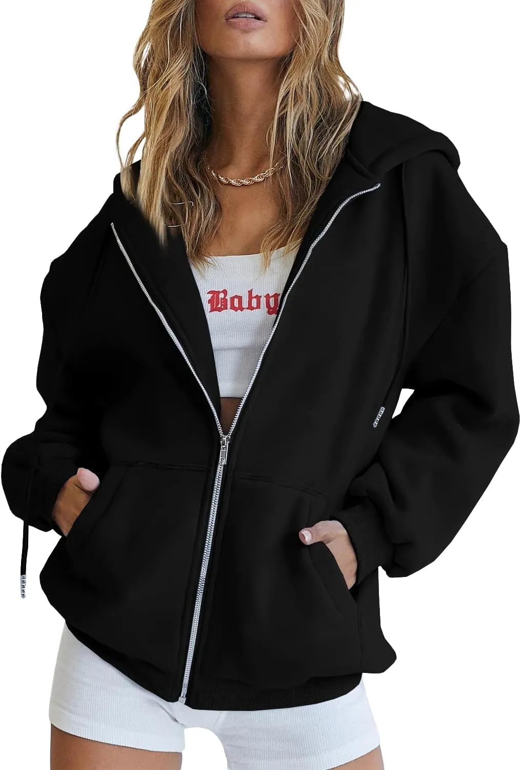 FOMOYUU Womens Oversized Zip Up Hoodie Y2K Jacket Baggy Loose Basic Zipper Hooded Sweatshirt Coat