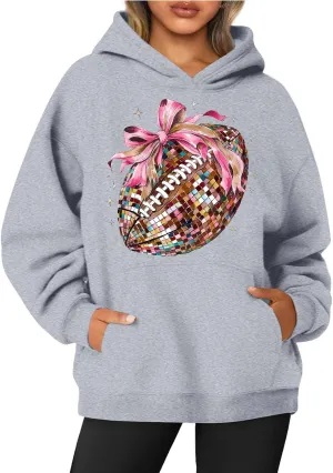 Football Season Sweatshirt Women Game Day Sweatshirt Round Neck Long Sleeve Rugby Print Pullover Top Hoodie