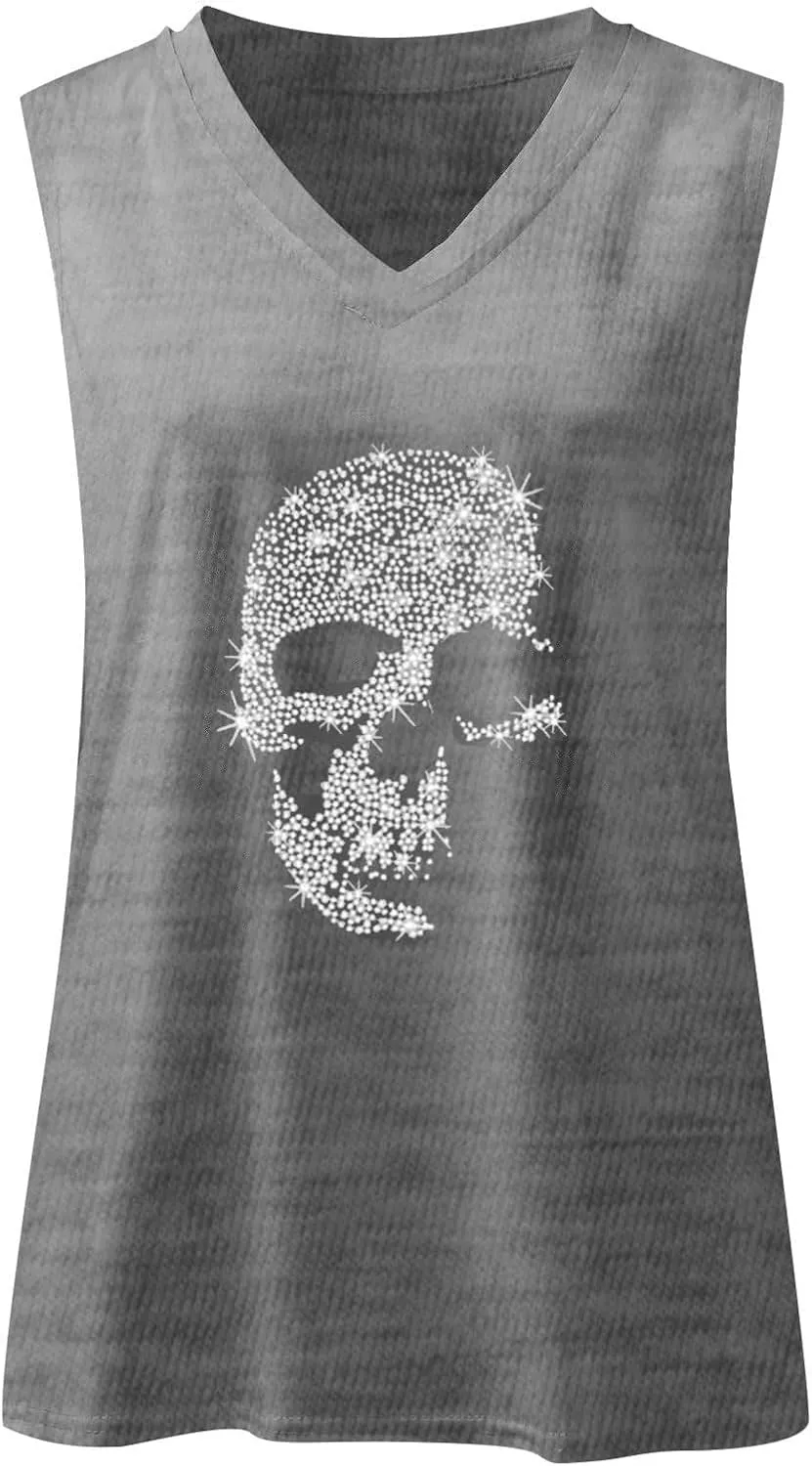 Fronage Women's Rhinestone Skull Tank Tops Loose Graphic V Neck Sleeveless Tee Shirt