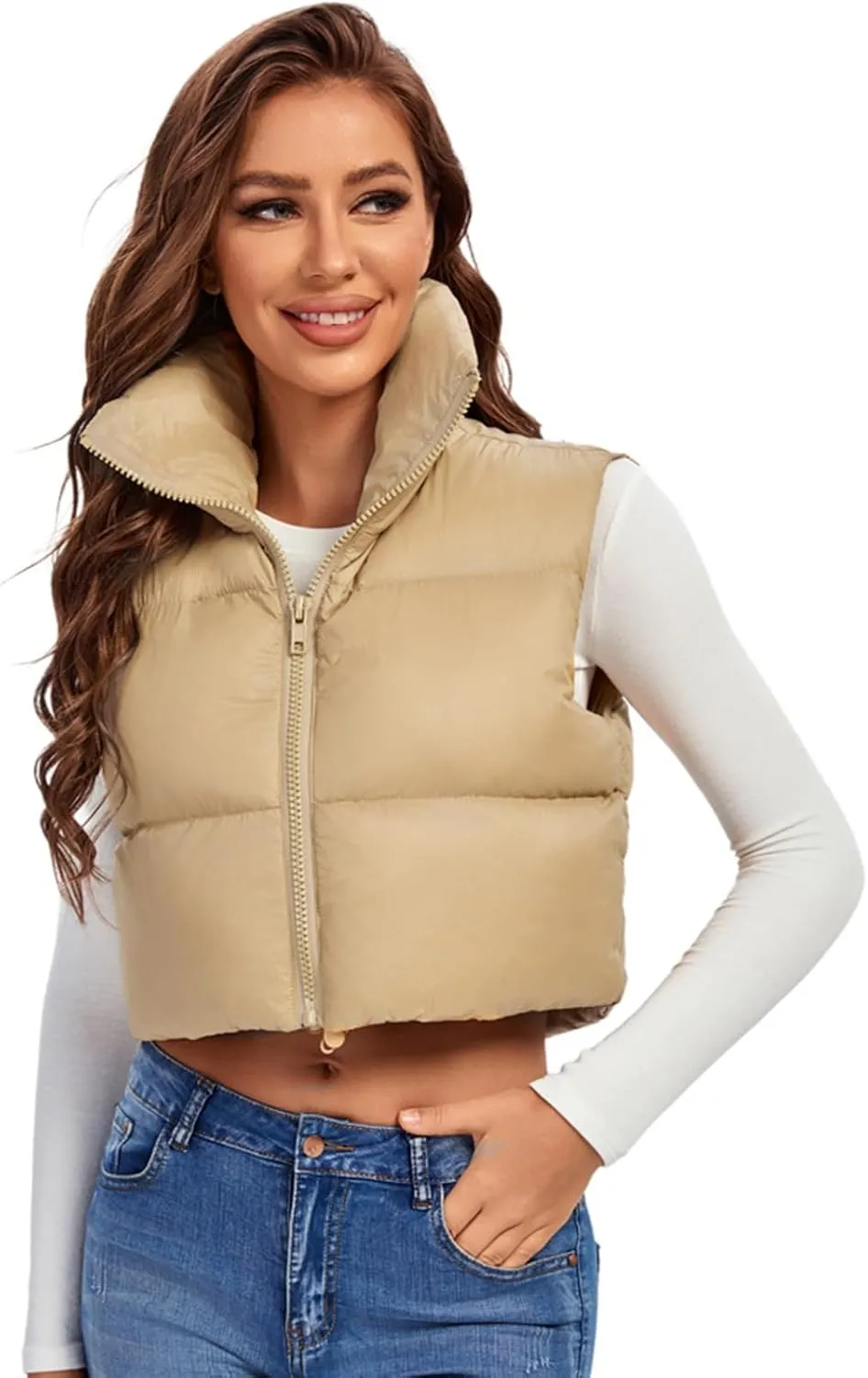 Fuinloth Women's Padded Vest, High Stand Collar Lightweight Zip Crop Puffer Gilet