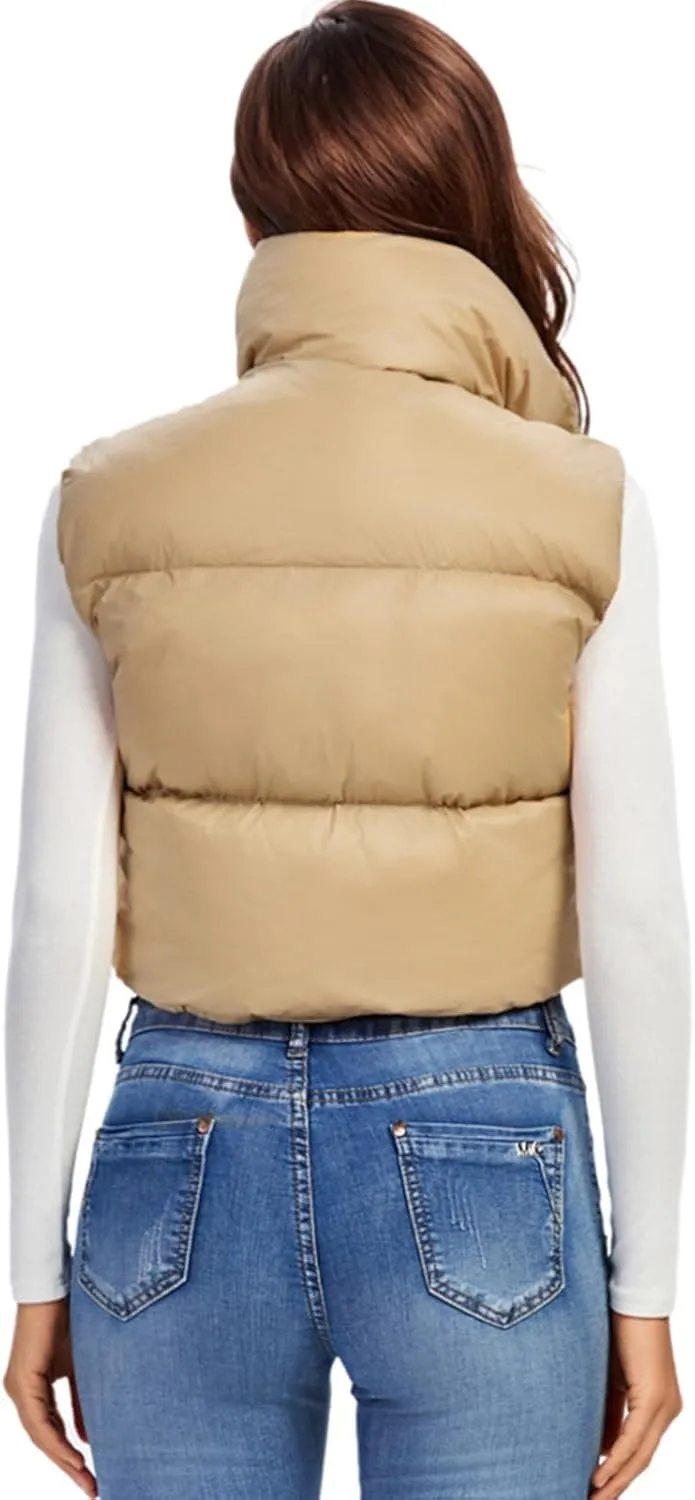 Fuinloth Women's Padded Vest, High Stand Collar Lightweight Zip Crop Puffer Gilet