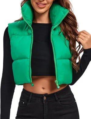 Fuinloth Women's Padded Vest, High Stand Collar Lightweight Zip Crop Puffer Gilet