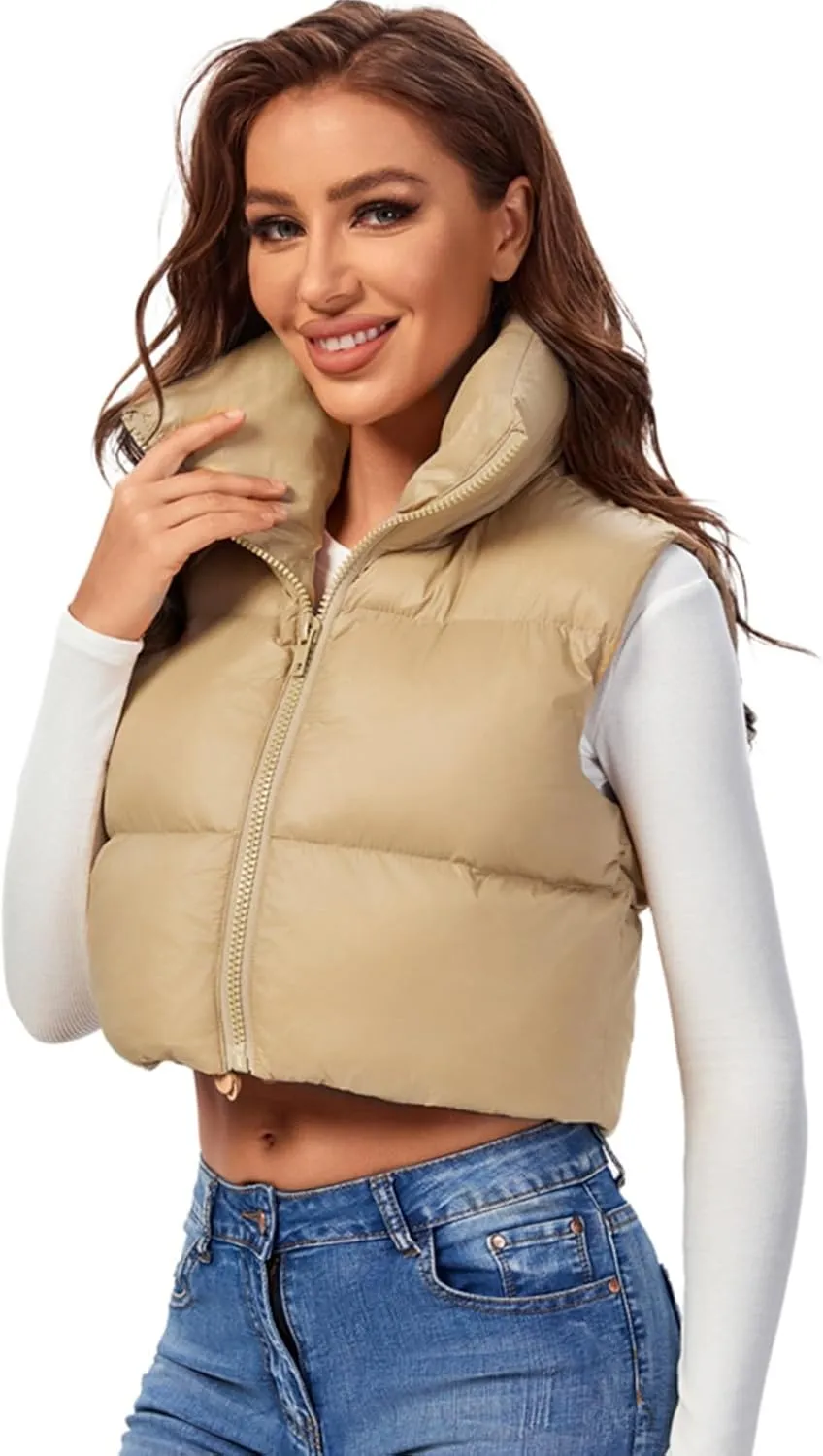 Fuinloth Women's Padded Vest, High Stand Collar Lightweight Zip Crop Puffer Gilet