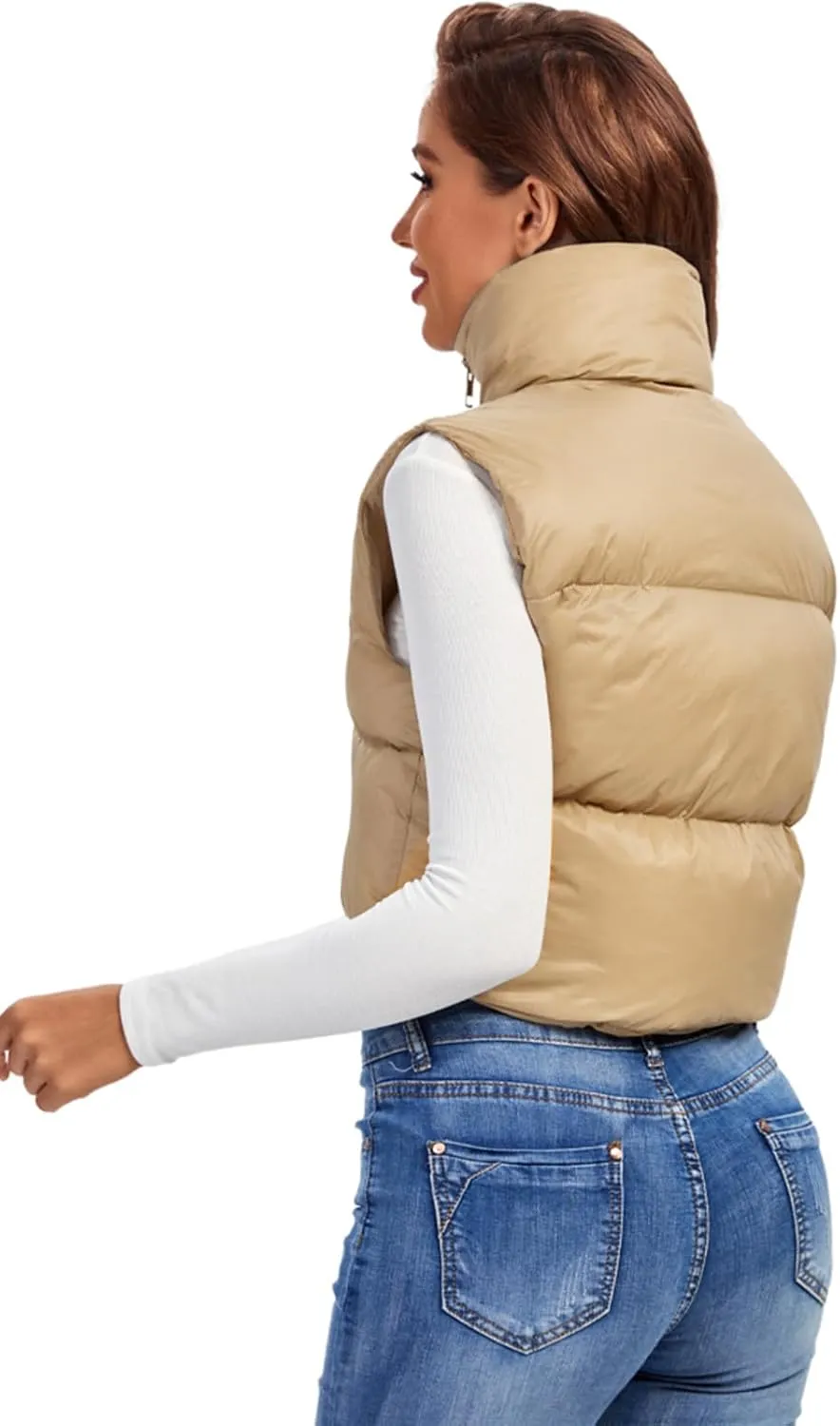 Fuinloth Women's Padded Vest, High Stand Collar Lightweight Zip Crop Puffer Gilet