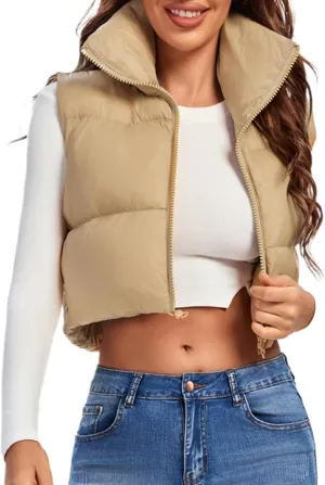 Fuinloth Women's Padded Vest, High Stand Collar Lightweight Zip Crop Puffer Gilet