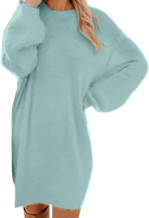 Fuzzy Pullover Sweater Dress for Women Long Sleeve Chunky Oversized Knit Sweater Dress