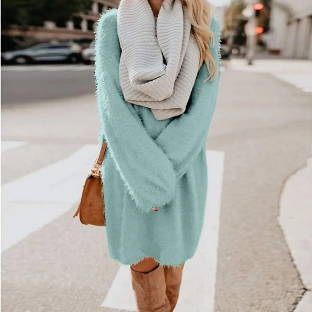 Fuzzy Pullover Sweater Dress for Women Long Sleeve Chunky Oversized Knit Sweater Dress