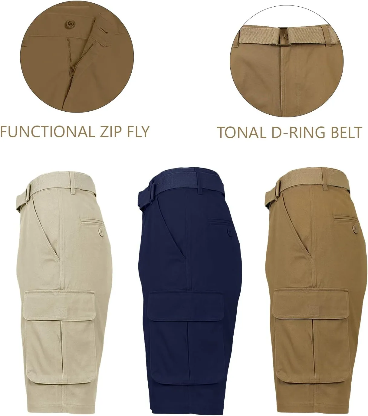 Galaxy by Harvic Men's Belted Cargo Shorts, Cotton Stretch Shorts with Multi Pockets, 3 Pack