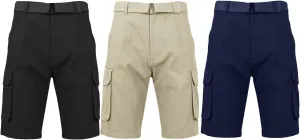 Galaxy by Harvic Men's Belted Cargo Shorts, Cotton Stretch Shorts with Multi Pockets, 3 Pack