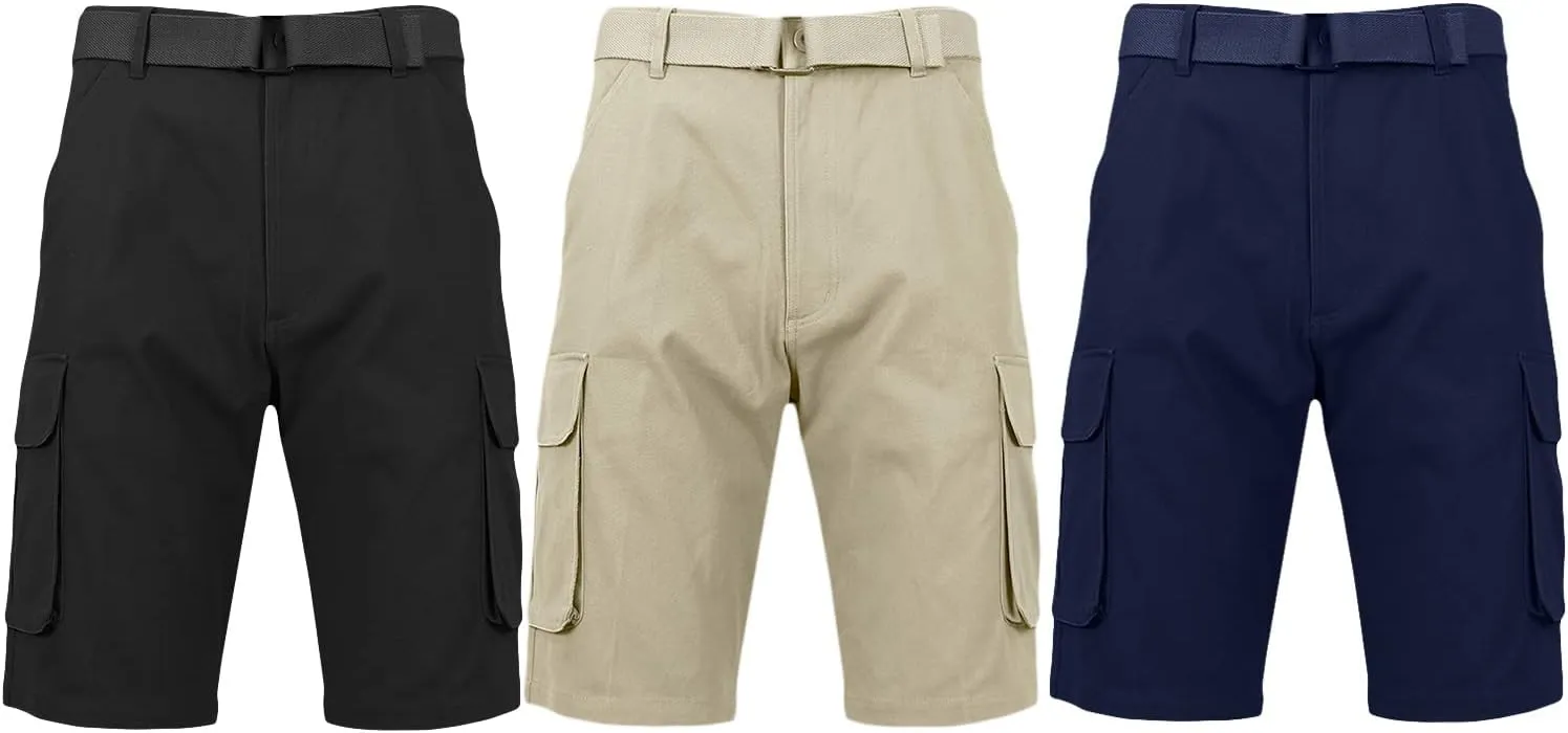Galaxy by Harvic Men's Belted Cargo Shorts, Cotton Stretch Shorts with Multi Pockets, 3 Pack