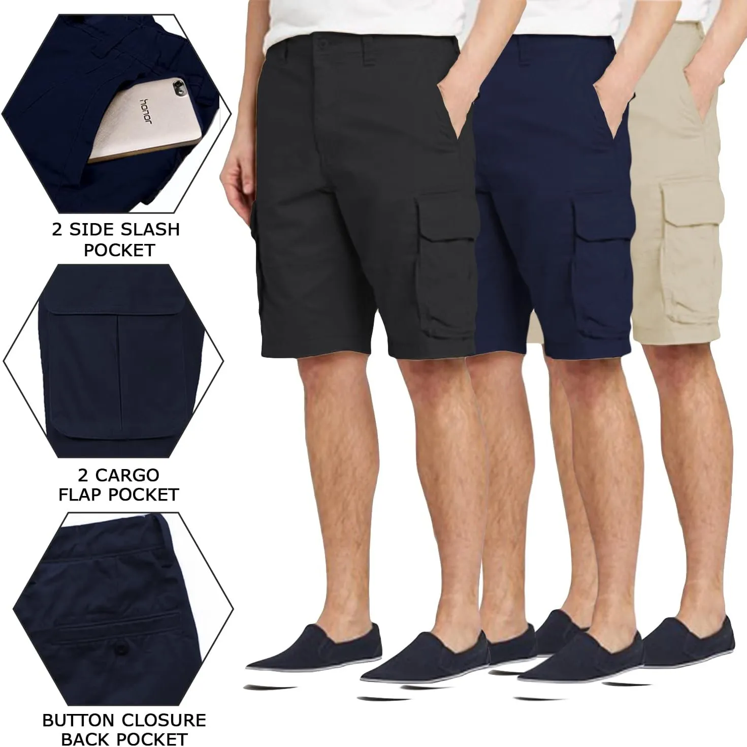 Galaxy by Harvic Men's Belted Cargo Shorts, Cotton Stretch Shorts with Multi Pockets, 3 Pack
