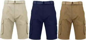 Galaxy by Harvic Men's Belted Cargo Shorts, Cotton Stretch Shorts with Multi Pockets, 3 Pack
