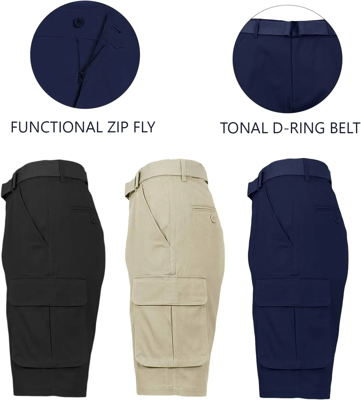 Galaxy by Harvic Men's Belted Cargo Shorts, Cotton Stretch Shorts with Multi Pockets, 3 Pack