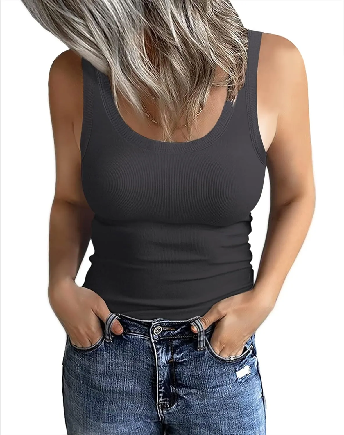 GEMBERA Women's Sleeveless Scoop Neck Ribbed Tank Tops Fitted Basic Cami Tee Shirts