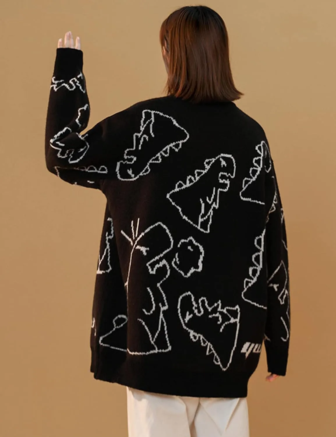 Gihuo Women Dinosaur Oversized Sweater Graphic Crewneck Knitted Pullover Casual Loose Fit Jumper Tops