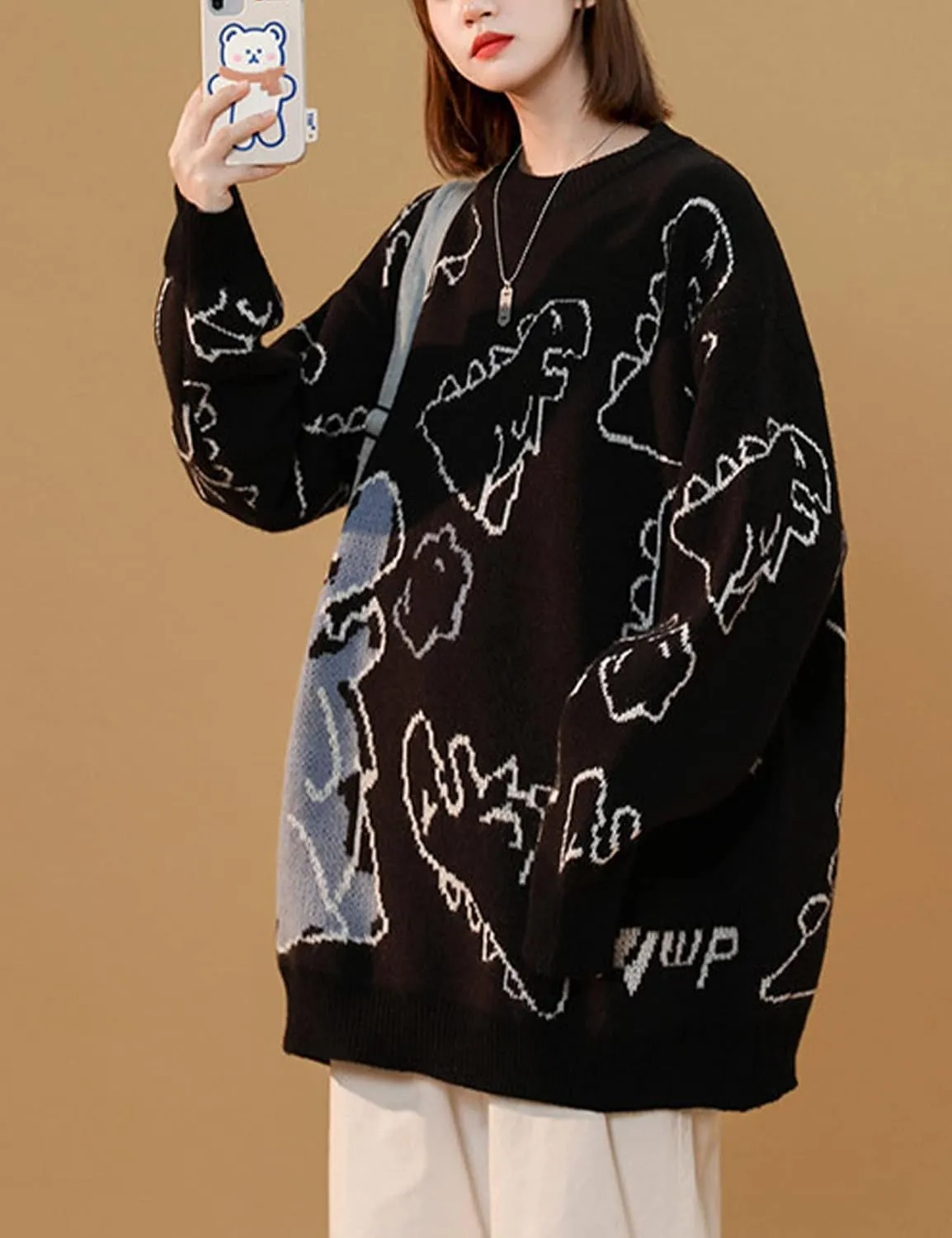 Gihuo Women Dinosaur Oversized Sweater Graphic Crewneck Knitted Pullover Casual Loose Fit Jumper Tops