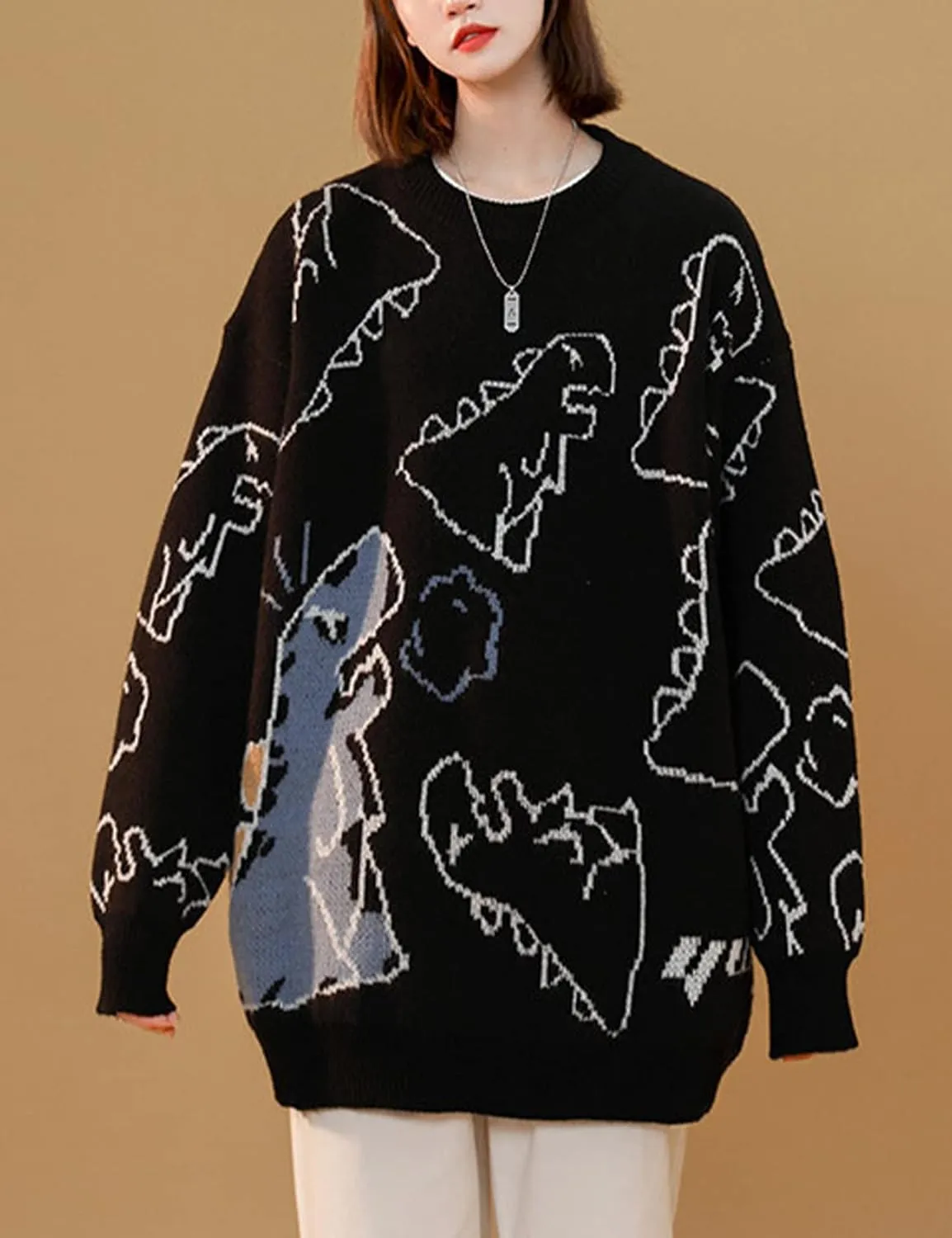 Gihuo Women Dinosaur Oversized Sweater Graphic Crewneck Knitted Pullover Casual Loose Fit Jumper Tops