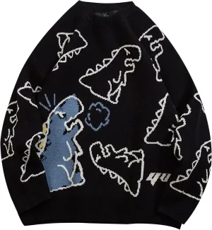 Gihuo Women Dinosaur Oversized Sweater Graphic Crewneck Knitted Pullover Casual Loose Fit Jumper Tops