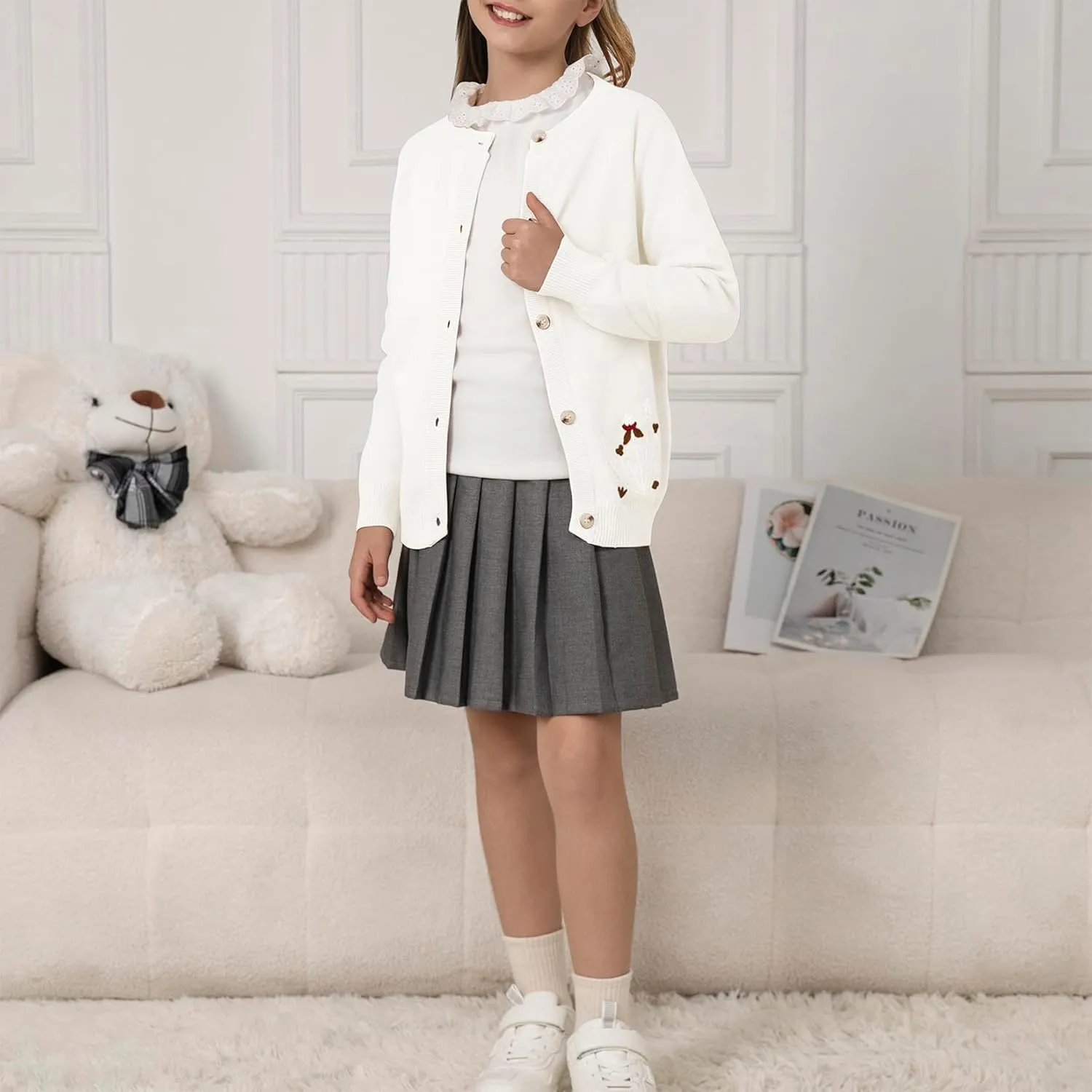 Girls' Cardigan Toddler Long Sleeve Sweater School Uniforms Sweater Button Up Knit Jacket Outwear
