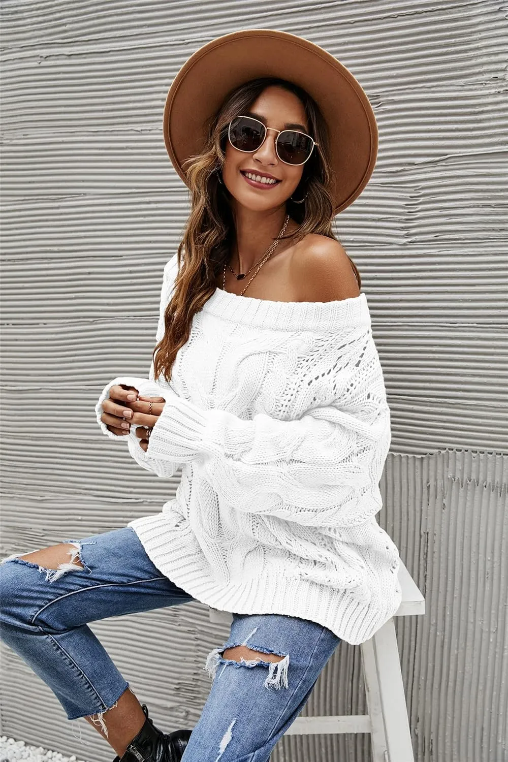 GOLDSTITCH Women's Off Shoulder Batwing Sleeve Loose Oversized Pullover Sweater Knit Jumper