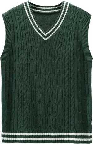GORGLITTER Men's Striped Cable Knit Sweater Vest Sleeveless V Neck Pullover Sweater Tops