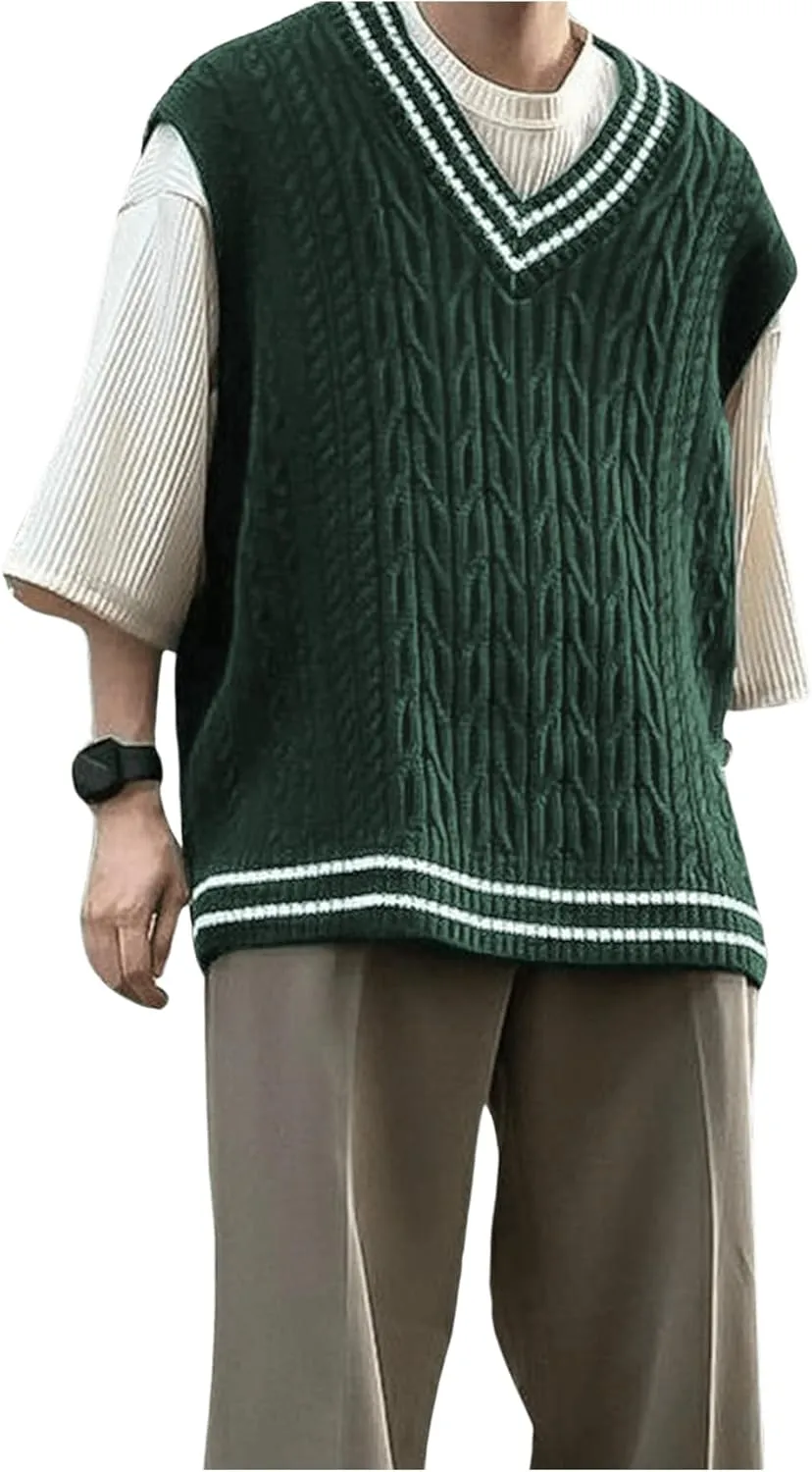 GORGLITTER Men's Striped Cable Knit Sweater Vest Sleeveless V Neck Pullover Sweater Tops