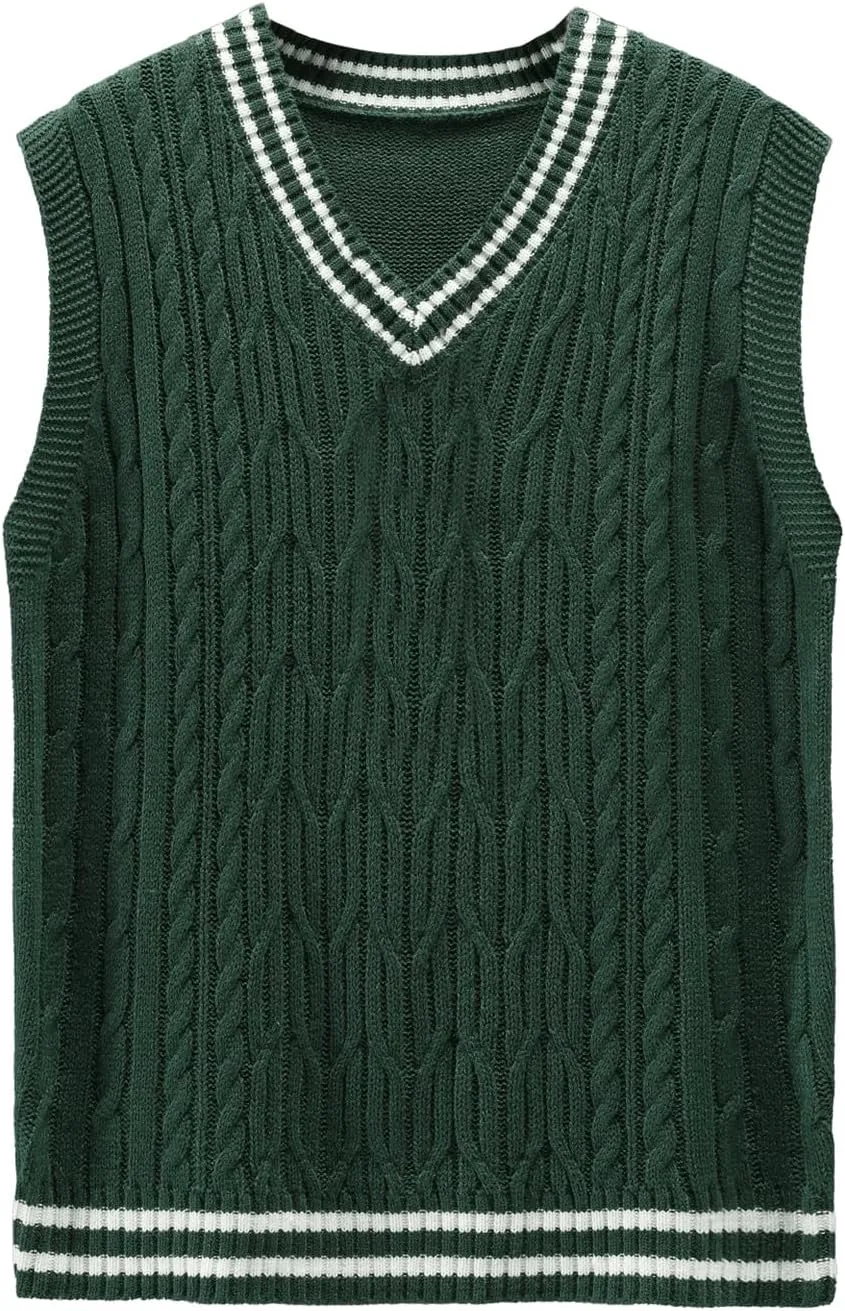 GORGLITTER Men's Striped Cable Knit Sweater Vest Sleeveless V Neck Pullover Sweater Tops