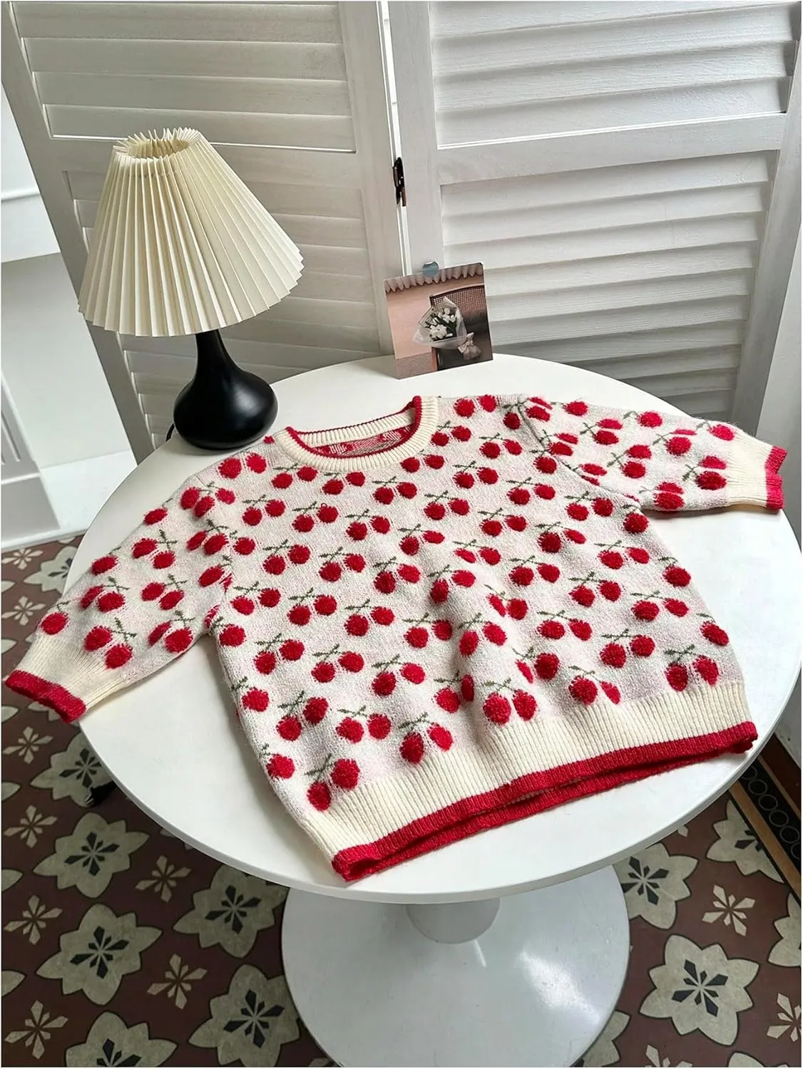GORGLITTER Women's Cherry Print Embroidery Knit Sweater Round Neck Short Sleeve Pullover Sweater