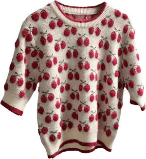GORGLITTER Women's Cherry Print Embroidery Knit Sweater Round Neck Short Sleeve Pullover Sweater