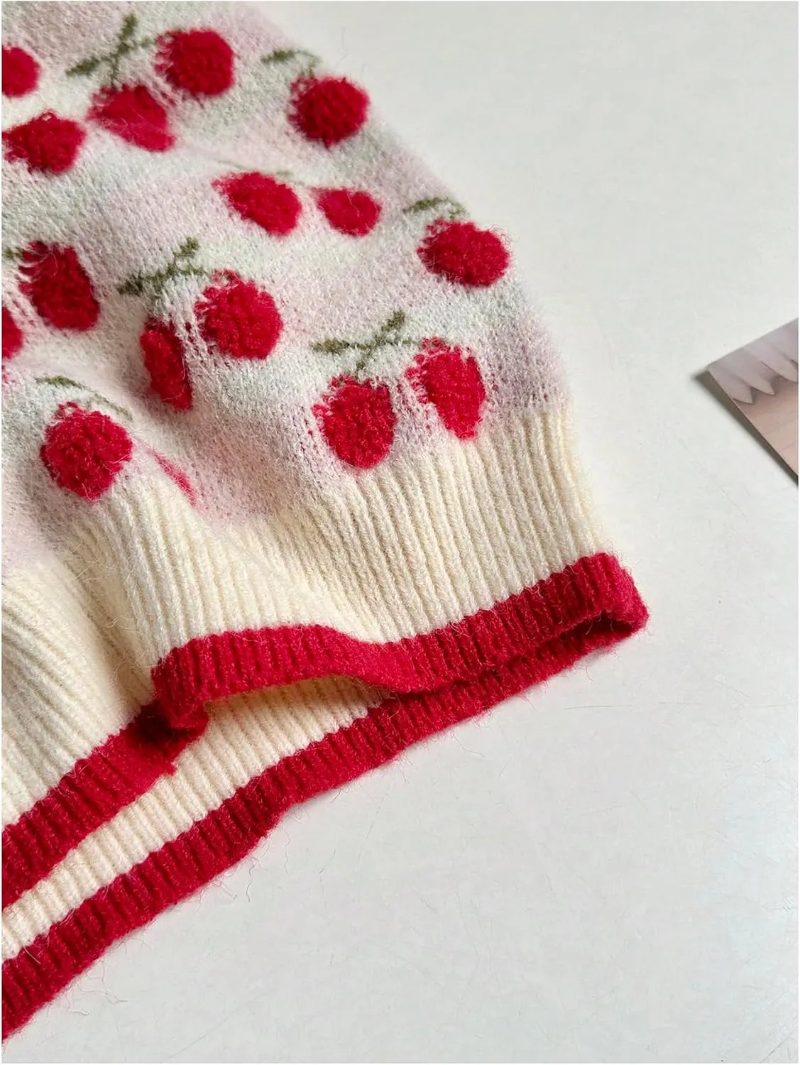 GORGLITTER Women's Cherry Print Embroidery Knit Sweater Round Neck Short Sleeve Pullover Sweater