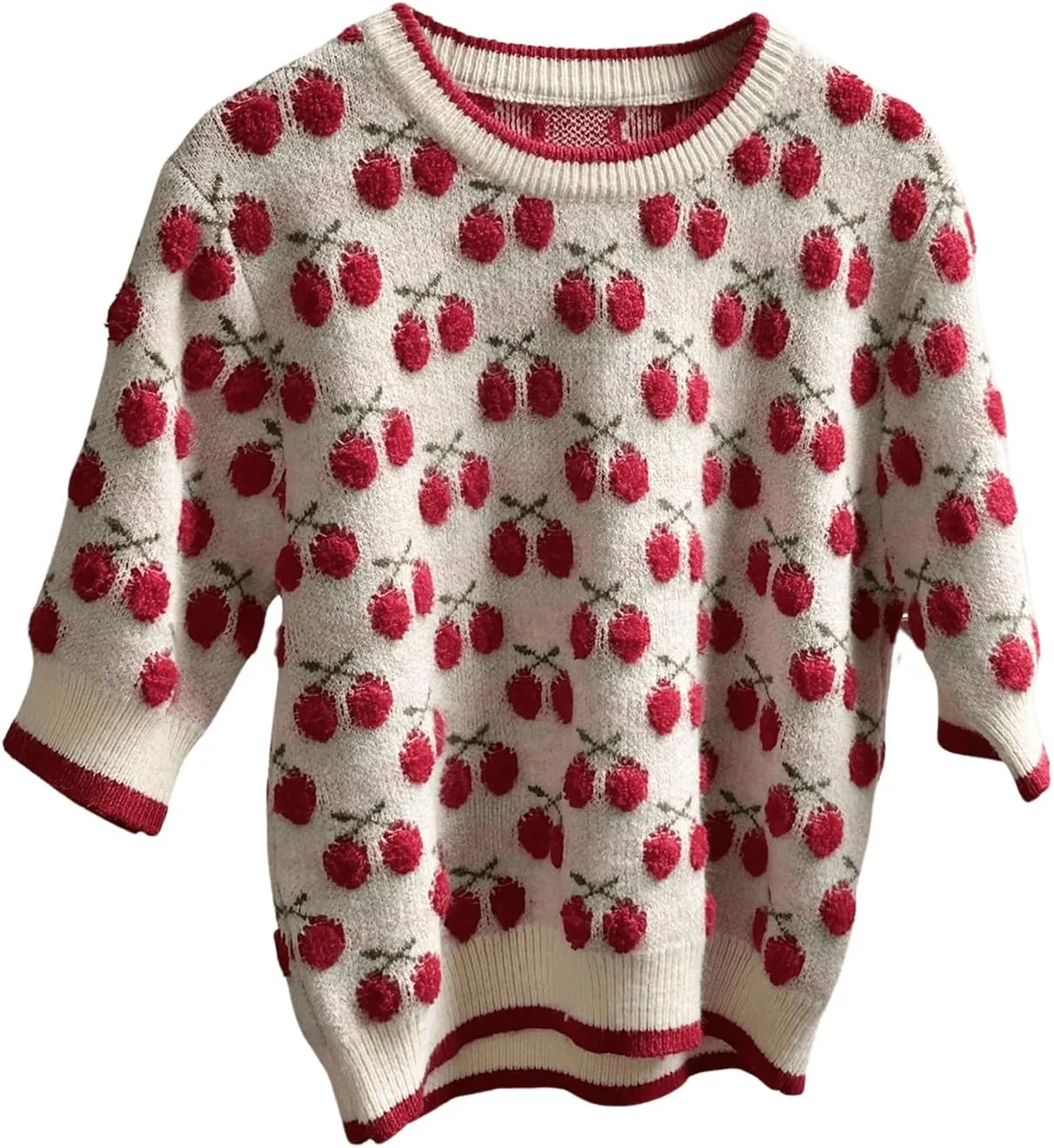 GORGLITTER Women's Cherry Print Embroidery Knit Sweater Round Neck Short Sleeve Pullover Sweater