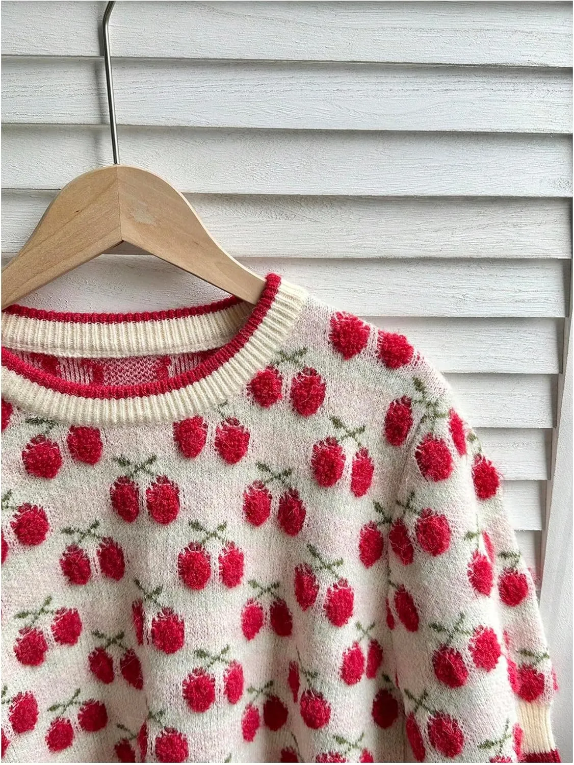 GORGLITTER Women's Cherry Print Embroidery Knit Sweater Round Neck Short Sleeve Pullover Sweater