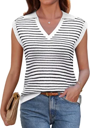 GRACE KARIN Women's Cap Sleeve Sweater Vest Top Y2K Striped V Neck Collar Neck Summer Knit Tank Top 2025 Fashion Outfits