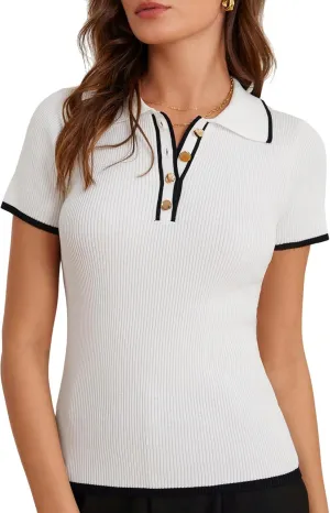 GRACE KARIN Women's Short Sleeve Sweaters Tops Polo V Neck Ribbed Knit Pullover Business Shirts 2025 Summer Outfits