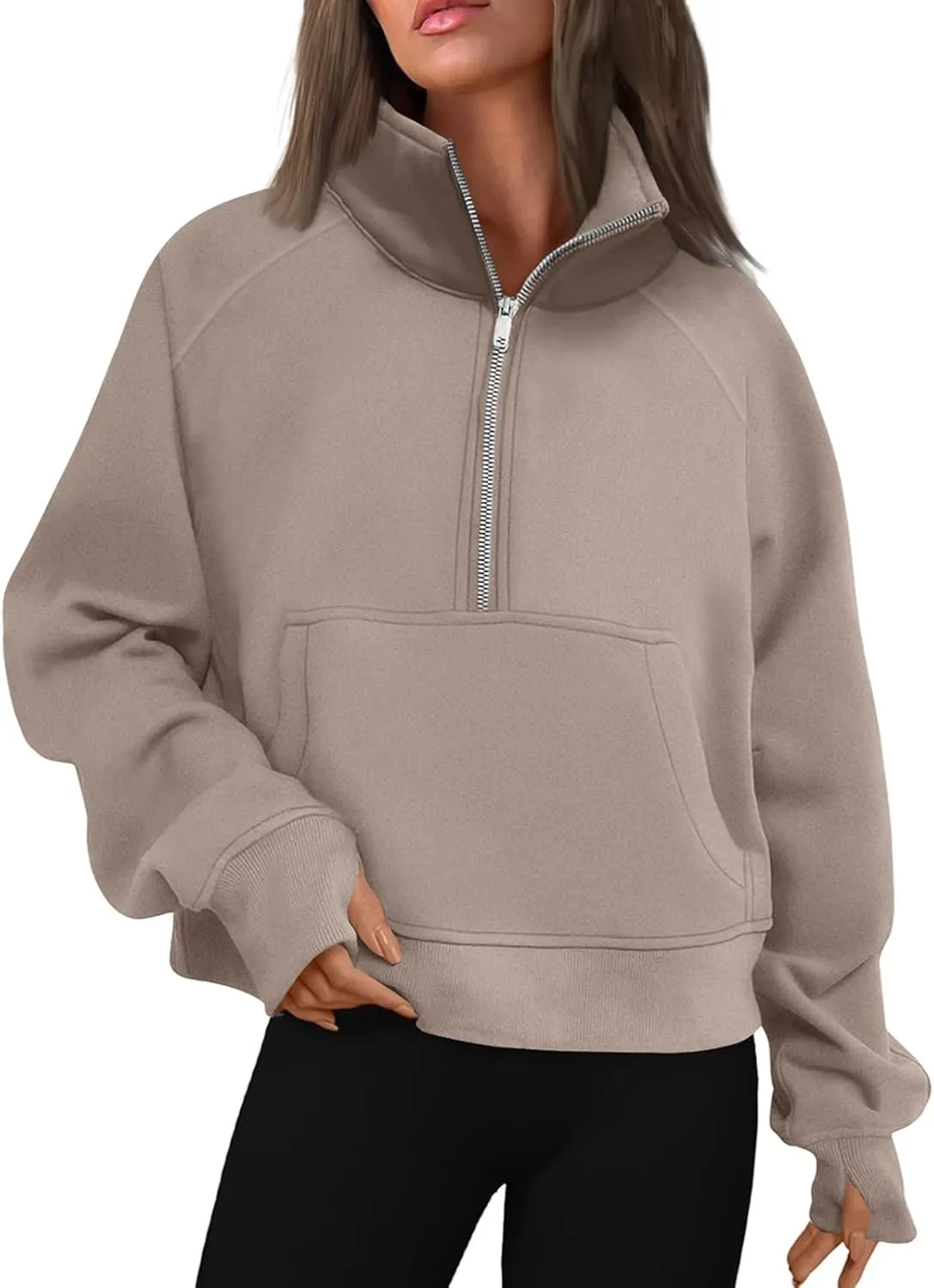 Half Zip Pullover Women Fall Fleece Oversized Sweatshirt Trendy 1/4 Zip Hoodie Y2k Cropped Sweater with Thumb Hole