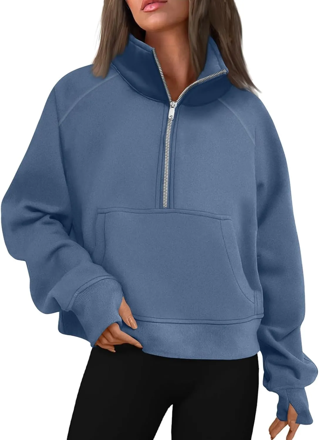 Half Zip Pullover Women Fall Fleece Oversized Sweatshirt Trendy 1/4 Zip Hoodie Y2k Cropped Sweater with Thumb Hole