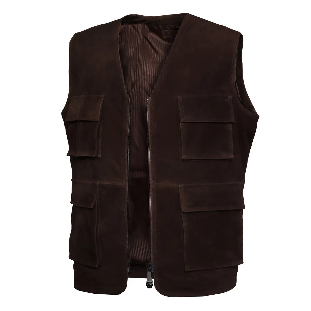 Handmade Elegant Dark Brown Suede Leather Multi-Pockets Vest