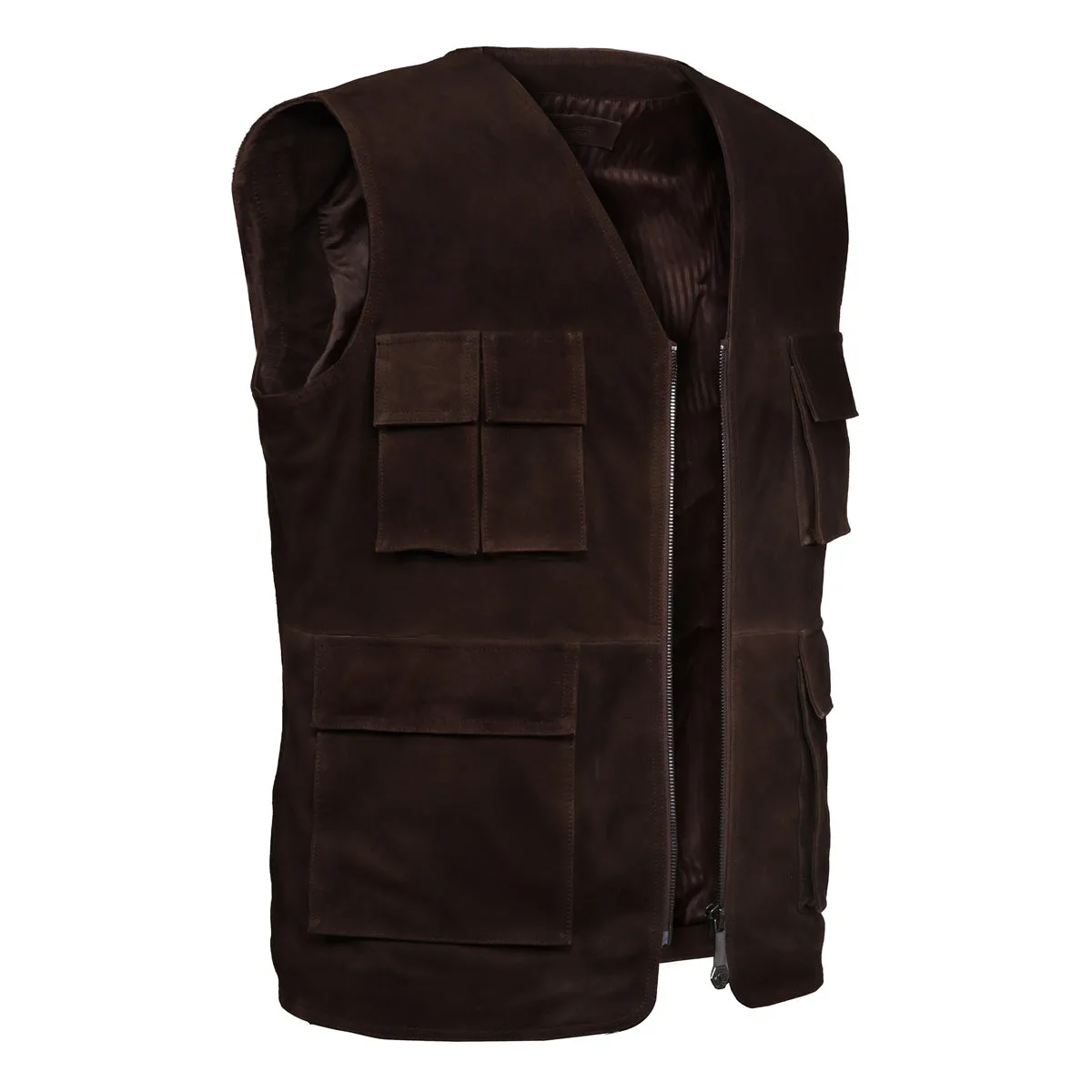 Handmade Elegant Dark Brown Suede Leather Multi-Pockets Vest