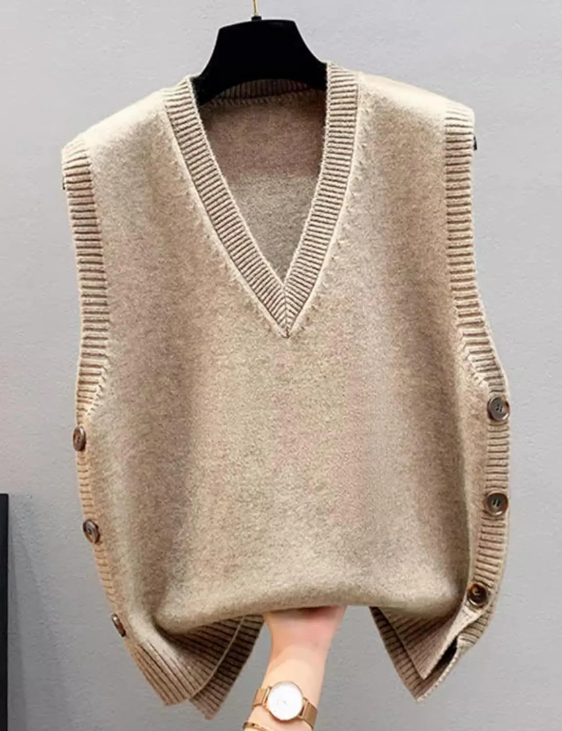 HangNiFang Womens Sweater Vest Sleeveless V Neck Trendy Side Button Down Knit Vest Outfits