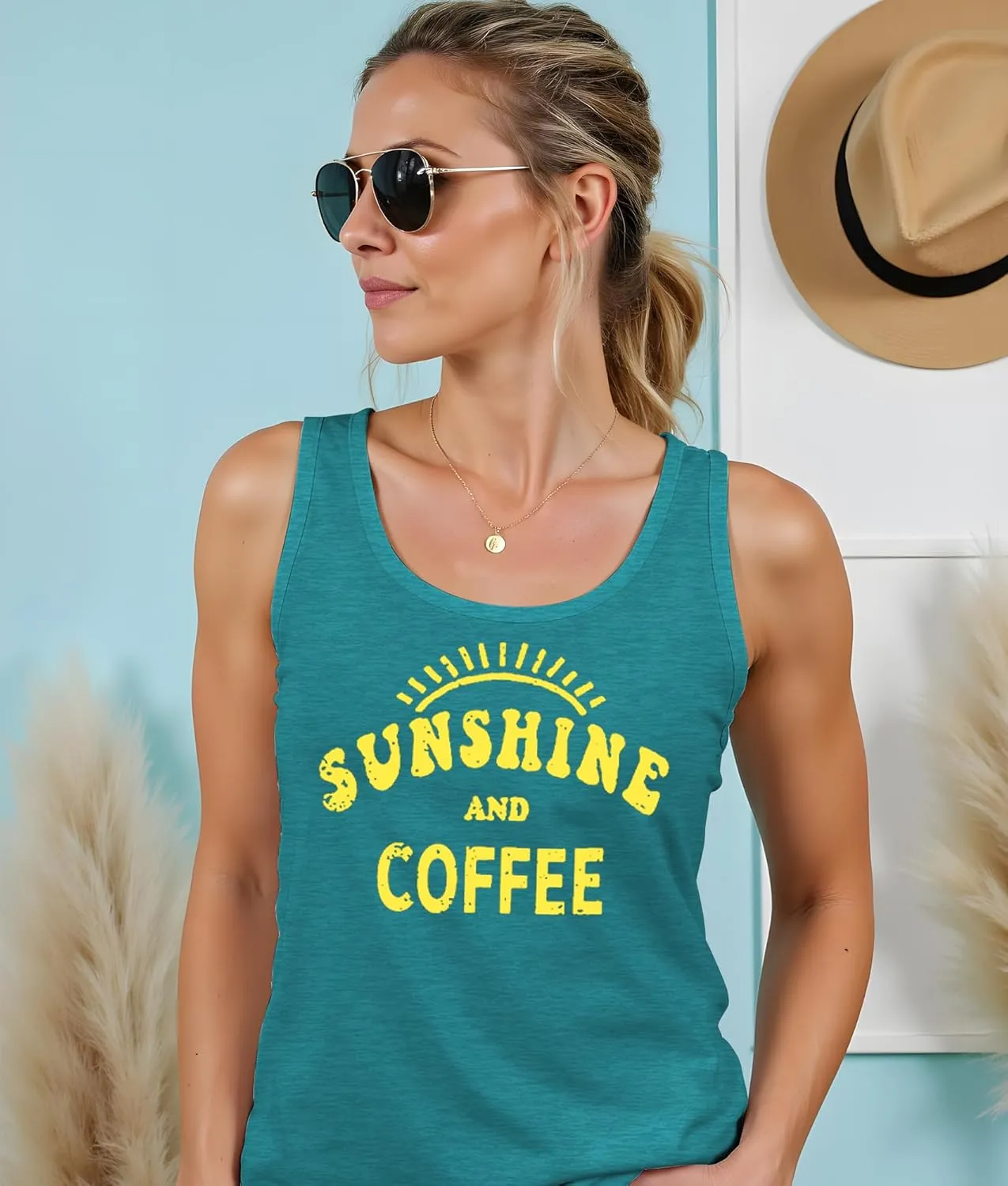 Here Comes The Sun Shirts Womens Sunshine Coffee Graphic Tank Top Sleeveless Tee