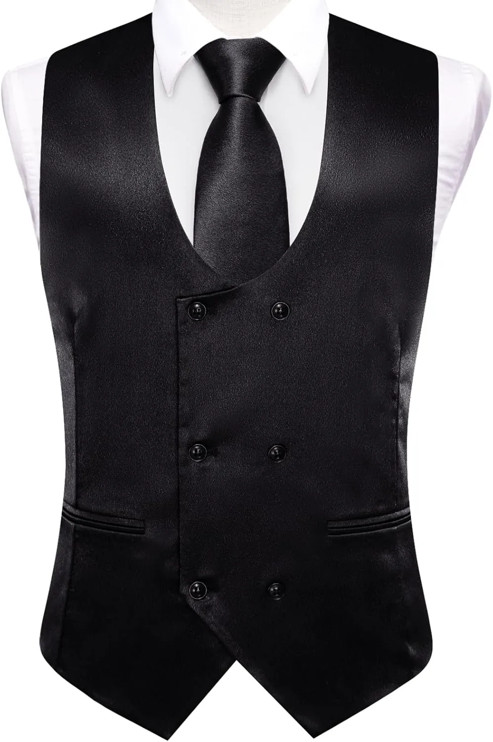 Hi-Tie Mens Silk Double-Breasted Suit Vest Tie Pretied Bowtie and Pocket Square Cufflinks Slim Fit Wedding or Business Tuxedo