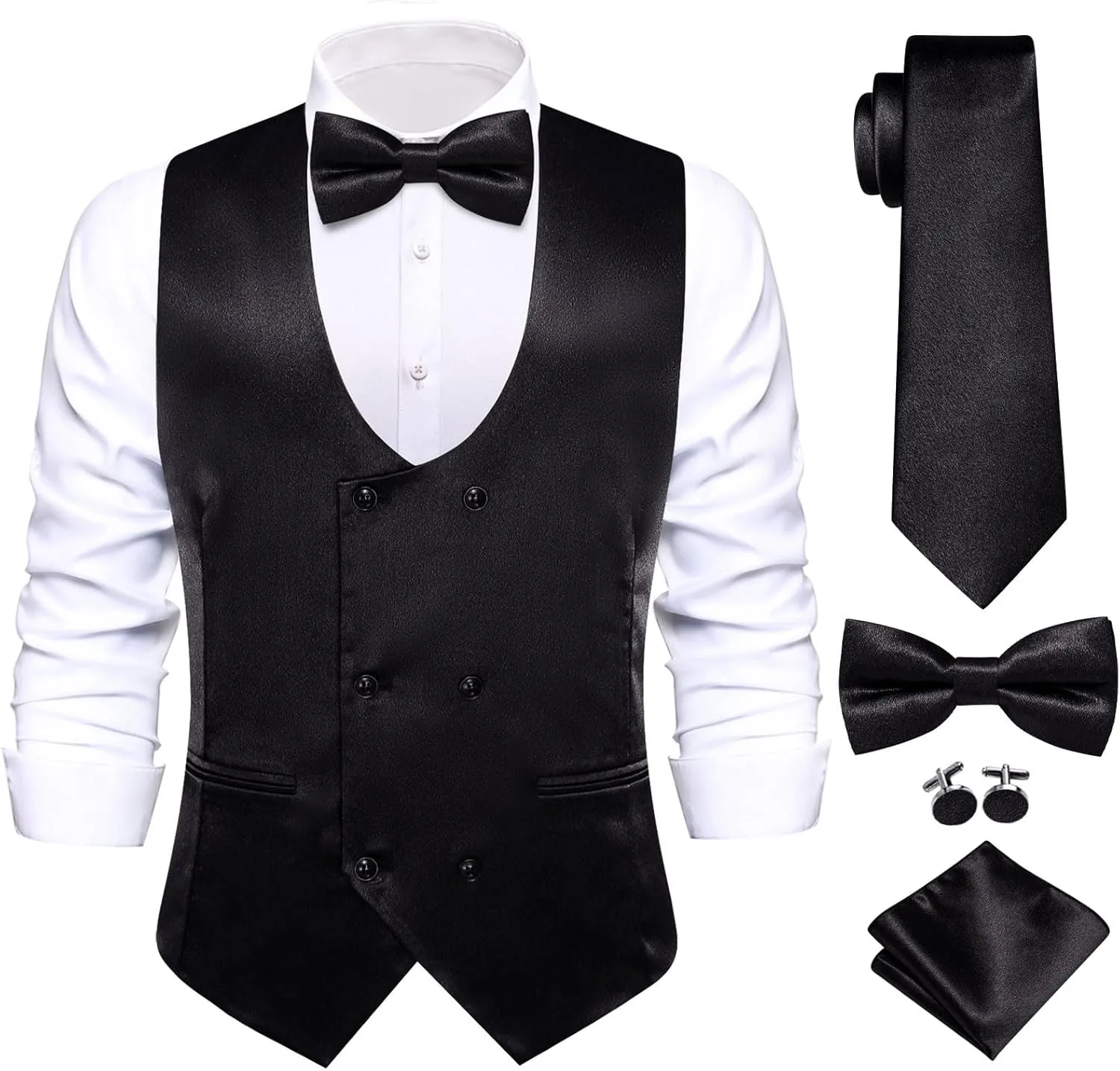 Hi-Tie Mens Silk Double-Breasted Suit Vest Tie Pretied Bowtie and Pocket Square Cufflinks Slim Fit Wedding or Business Tuxedo