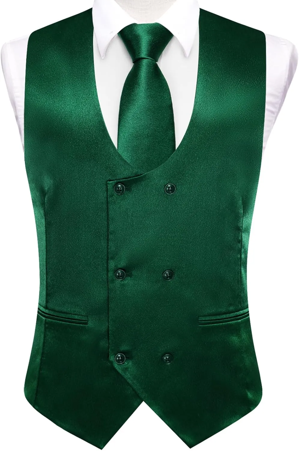 Hi-Tie Mens Silk Double-Breasted Suit Vest Tie Pretied Bowtie and Pocket Square Cufflinks Slim Fit Wedding or Business Tuxedo