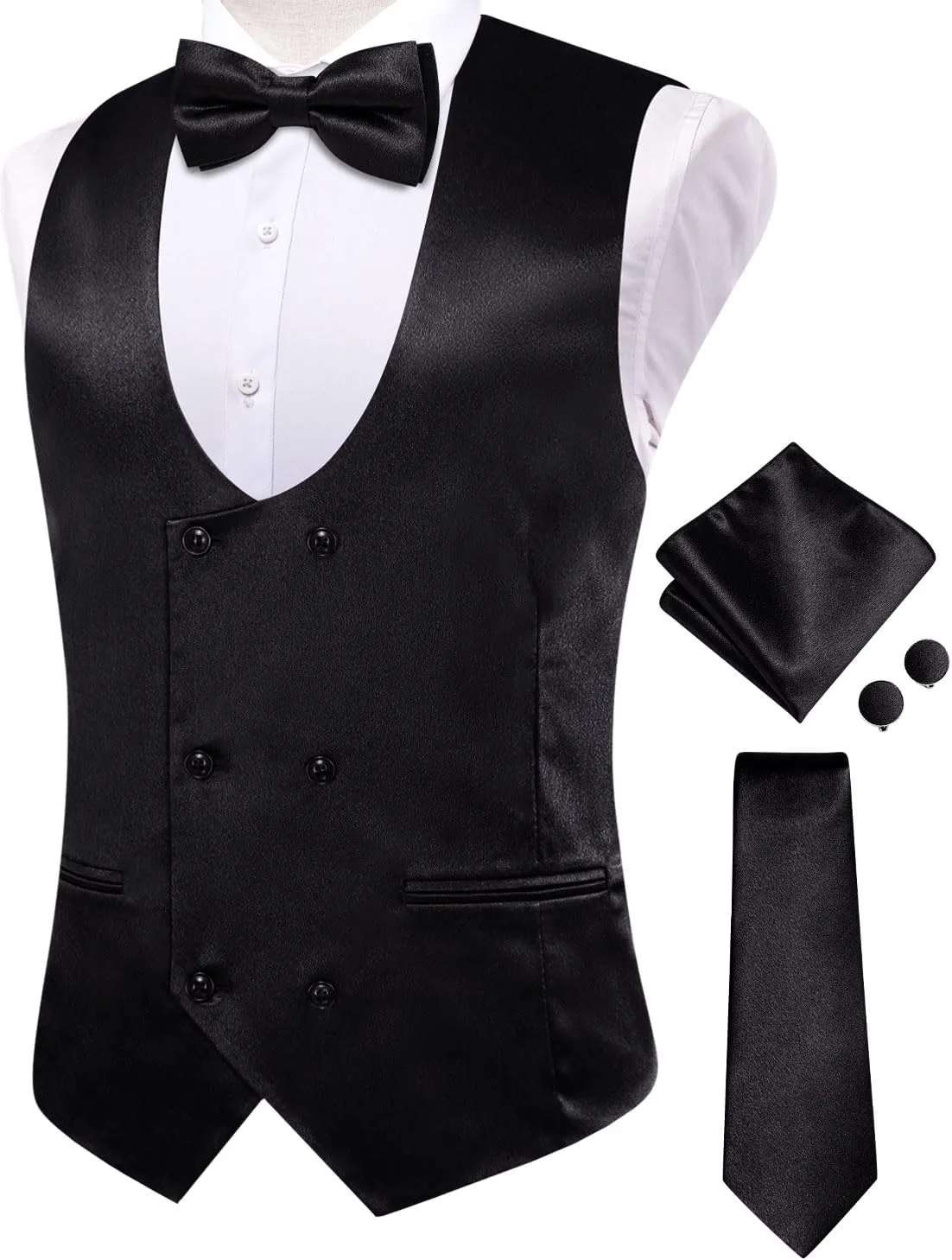 Hi-Tie Mens Silk Double-Breasted Suit Vest Tie Pretied Bowtie and Pocket Square Cufflinks Slim Fit Wedding or Business Tuxedo