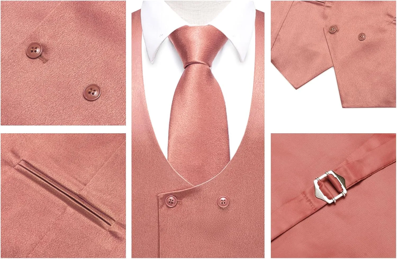 Hi-Tie Mens Silk Double-Breasted Suit Vest Tie Pretied Bowtie and Pocket Square Cufflinks Slim Fit Wedding or Business Tuxedo