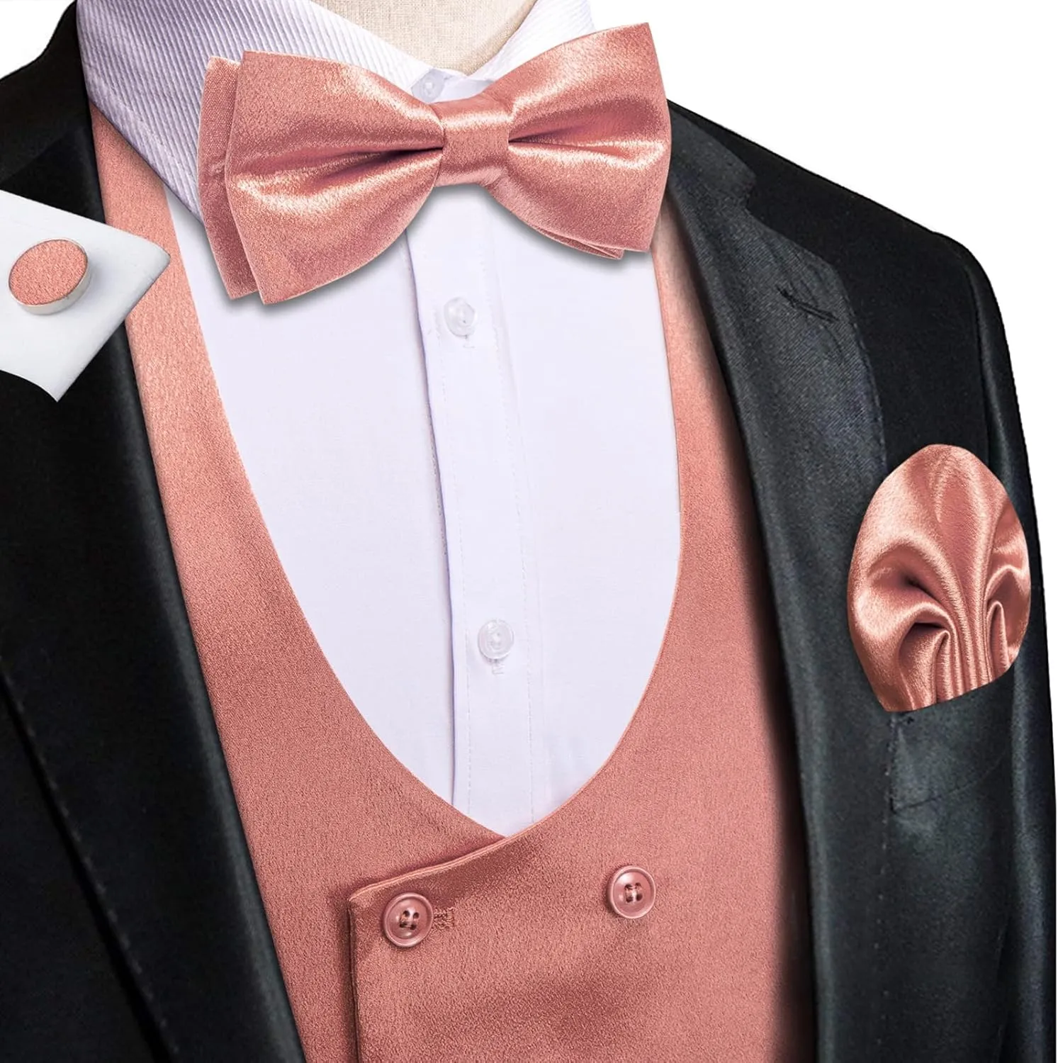 Hi-Tie Mens Silk Double-Breasted Suit Vest Tie Pretied Bowtie and Pocket Square Cufflinks Slim Fit Wedding or Business Tuxedo