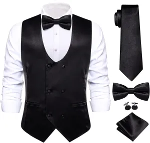Hi-Tie Mens Silk Double-Breasted Suit Vest Tie Pretied Bowtie and Pocket Square Cufflinks Slim Fit Wedding or Business Tuxedo
