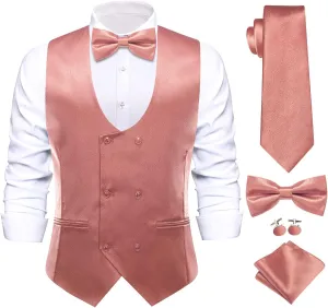 Hi-Tie Mens Silk Double-Breasted Suit Vest Tie Pretied Bowtie and Pocket Square Cufflinks Slim Fit Wedding or Business Tuxedo