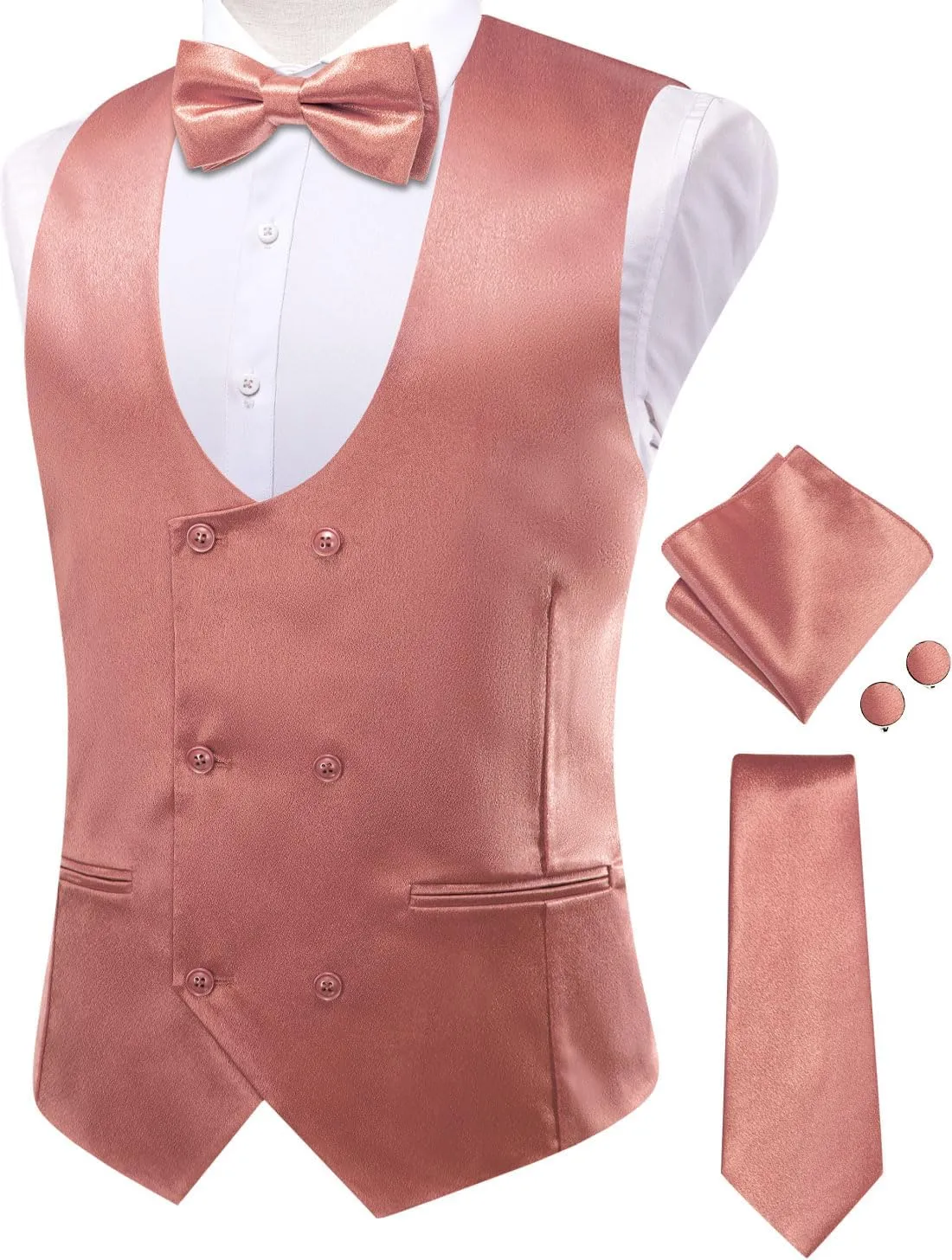 Hi-Tie Mens Silk Double-Breasted Suit Vest Tie Pretied Bowtie and Pocket Square Cufflinks Slim Fit Wedding or Business Tuxedo